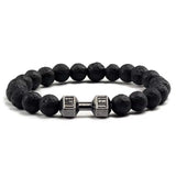 Natural Volcanic Stone Bracelet Men Matte Black Lave White Beads Charm Dumbbell Strand Bracelets Women Barbell Fitness Jewelry